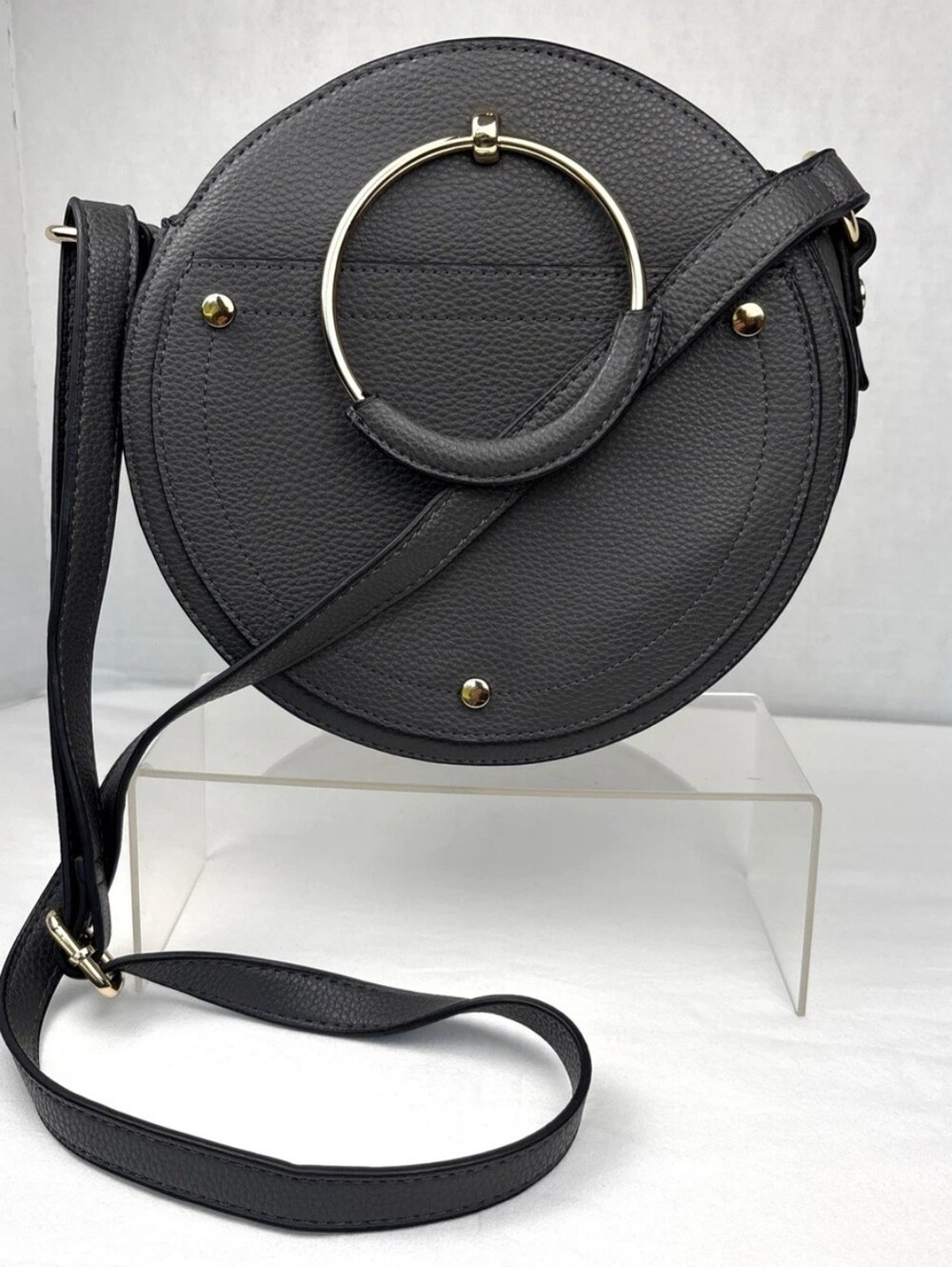 Mud Pie Gray Circle Crossbody Pebbled Faux Leather Ring Handle Bag